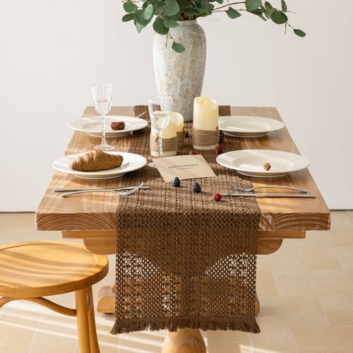 Boho Macrame Table Runner 13x60 Inch - Rustic Linen Blend for Dining