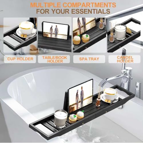 Teakhzct Black Bamboo Bathtub Tray Caddy for Tub - Waterproof Bath Table