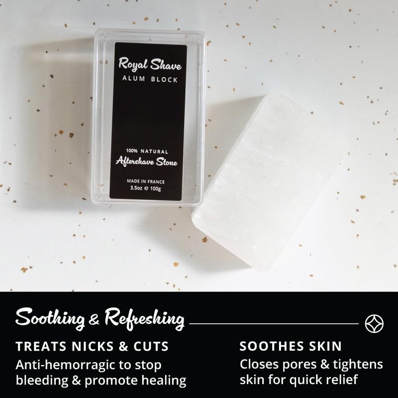 ROYAL SHAVE 100% Natural Alum Block with Travel Case for Men, Skin Soothing Aftershave Stone, Relieves Razor Burn & Heals Accidental Cuts (3.5 oz.) Made in France