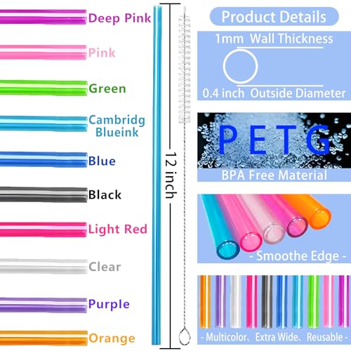 10 Reusable Straws for Stanley Tumblers | 12-Inch Colorful Straws with Cleaning Brushes
