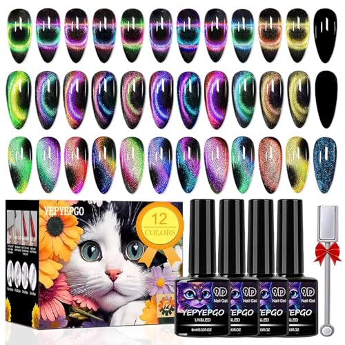 YEPYEPGO 9D Cat Eye Gel Nail Polish Set - 12 Colors with Magnet Stick