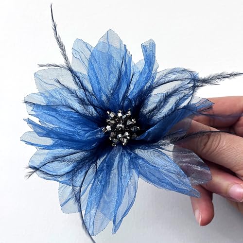 Sanrich 4pcs Organza Flower Feather Hair Clips - Blue