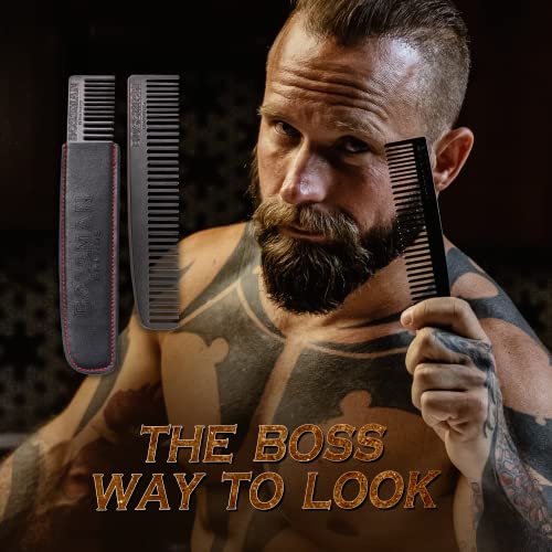 Bossman Metal Comb with Leather Case - Dual-Teeth Design for Beard & Mustache Care