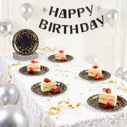 Black Paper Plates 9 Inch - 40 Count with Gold Foil Polka Dots