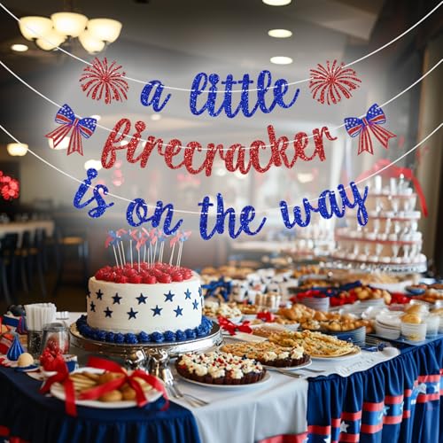 A Little Firecracker Is On The Way Banner - 4th of July Baby Shower Decoration