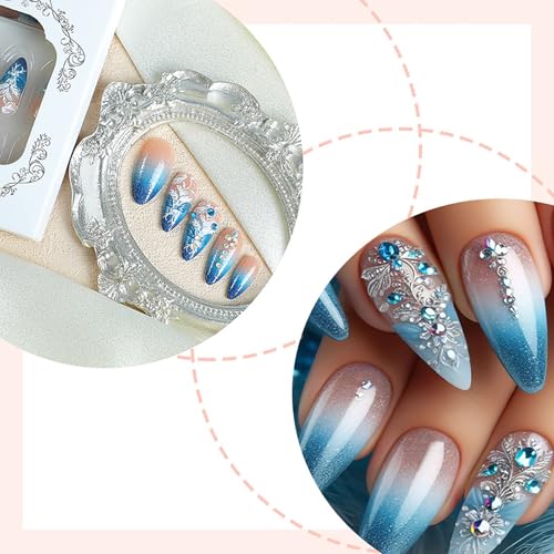 FOXIIU Blue Gradient Almond Press-On Nails with Floral Rhinestones & Charms - Medium Length Full Cover Fake Nails for Women & Girls