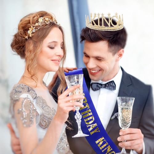 Gold King Crown & Sash Set for Birthday Party - Premium Tiara for Men, Adjustable, Amariver