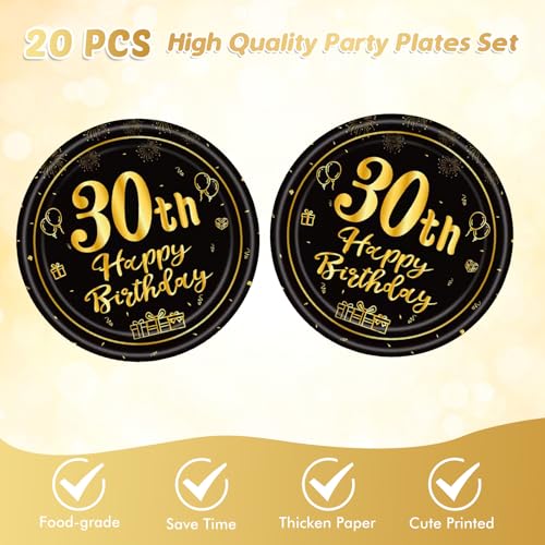 30th Birthday Party Decoration Set - Black Gold Plates, Napkins & Tablecloth