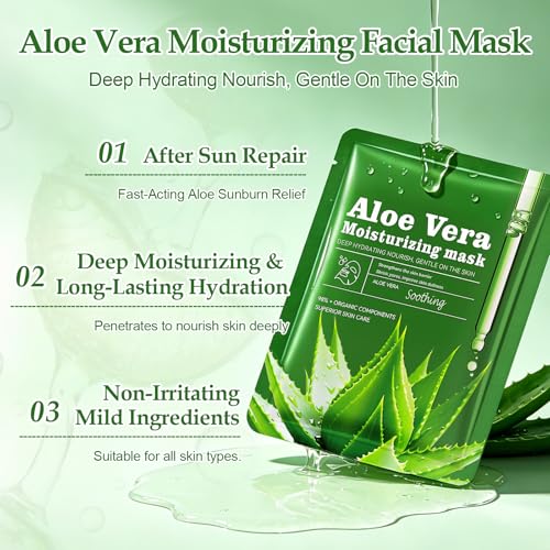 Aloe Vera Hydrating Face Sheet Masks - 30 Pack Soothing Skincare Set