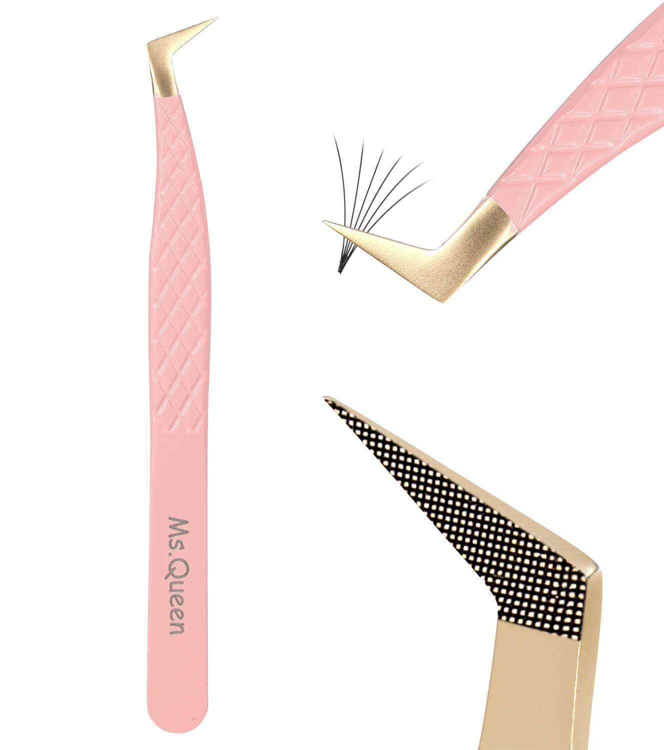 Ms.Queen Fiber Tip Lash Tweezers,Diamond Grip L-Shape Volume Boot Tweezers for Mega Volume Mink Lashes Make Fans