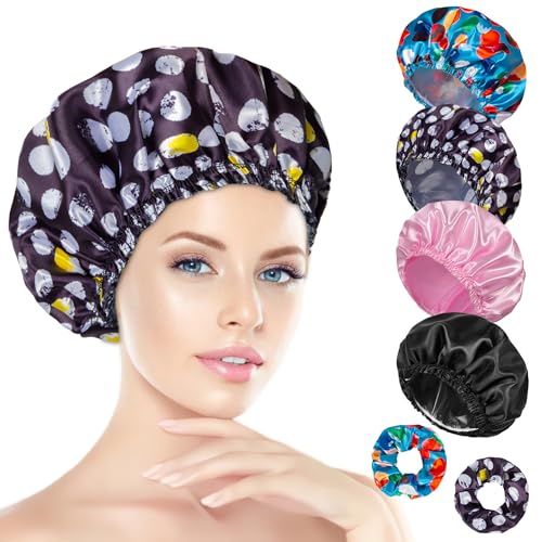 Reusable Shower Cap Set for Women - 4 Waterproof Caps & 2 Satin Scrunchies