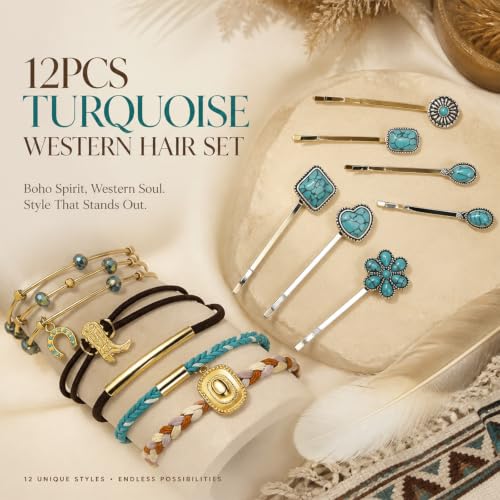 Boho Hair Clips and Ponytail Holders Set with Turquoise Beads - 12PCS