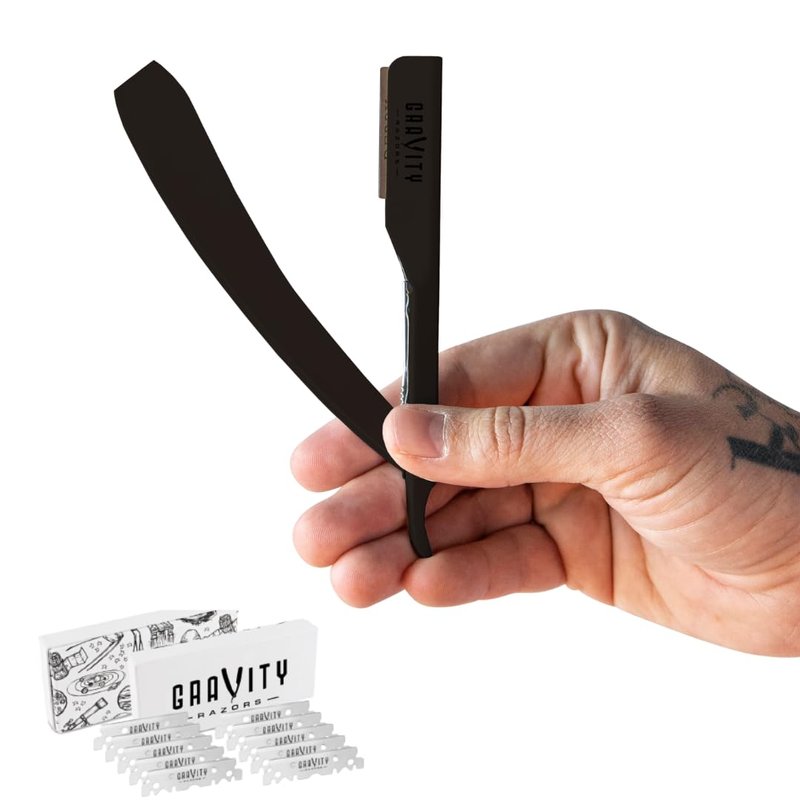 GRAVITY RAZORS Professional Straight Razor Kit – Ultra Exposure, Includes 10 Premium Blades, 2mm Exposed, Matte Black