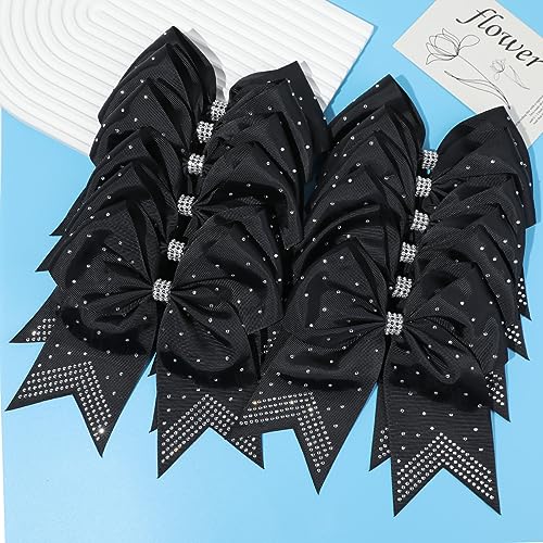 CEELGON 12 Pack Black Rhinestone Cheer Bows 7-Inch Ponytail Holders for Cheerleaders Girls Sports