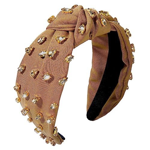 NVENF B-Brown Rhinestone Knotted Headband for Women Summer Hair Accessories