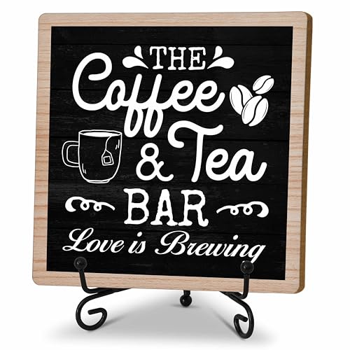 Wooden Coffee & Tea Bar Decor Sign with Stand - 5x5 Inches