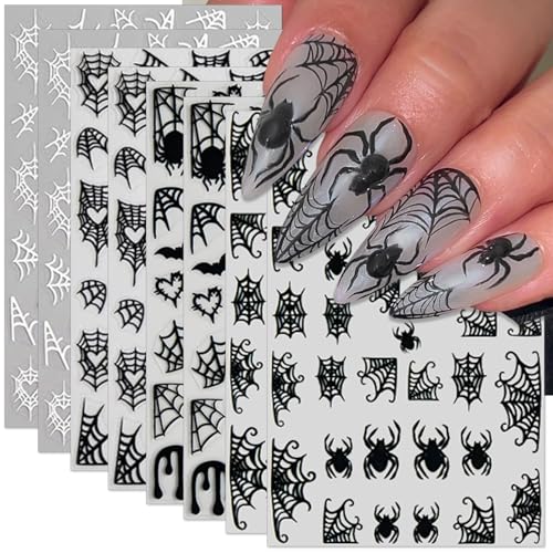 IDDFEVE Halloween Spider Web Nail Stickers – 8 Sheets Self-Adhesive Black & White 3D Nail Art Decals