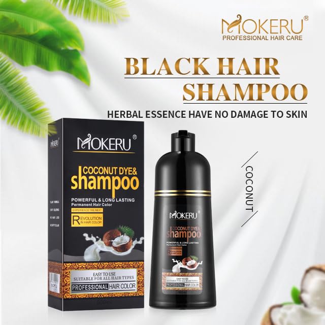 MOKERU Coconut Oil Black Hair Dye Shampoo for Gray Coverage - 3 in 1