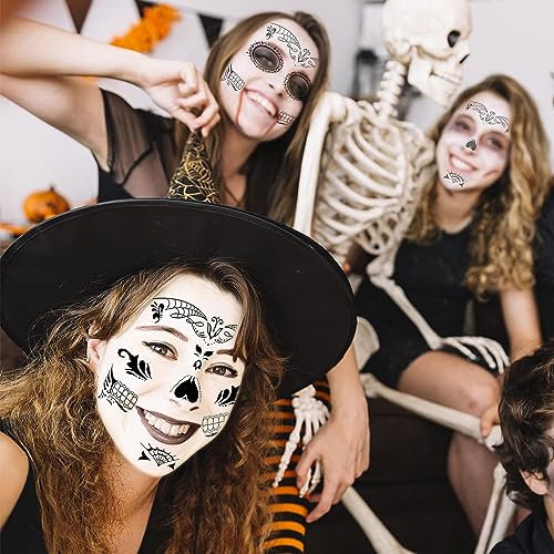 Day of the Dead Face Tattoos - 8 Pack Halloween Temporary Sugar Skull Face Art