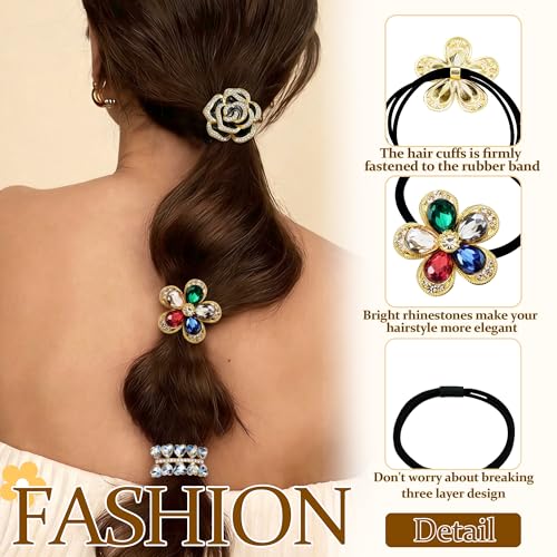CWJCYTNSN 6 Pack Metal Flower Hair Cuffs & Elastic Ponytail Holders for Women & Girls