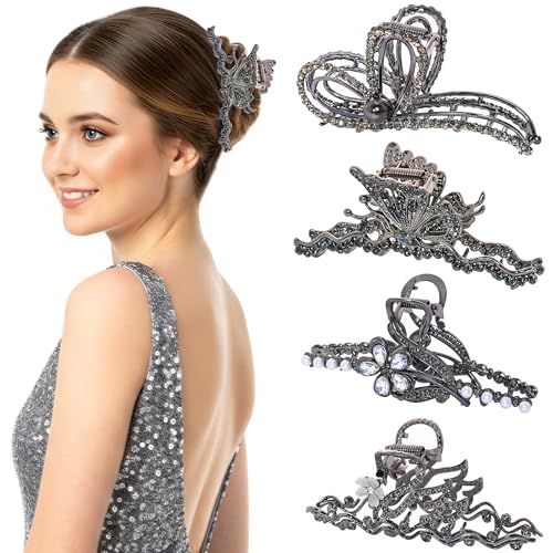 4 Pack Large Black Metal Hair Claw Clips for Women - Vintage Rhinestone Designs