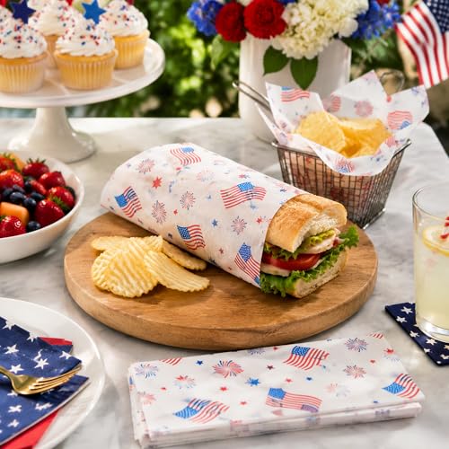Patriotic Wax Paper Sheets - 150 Pcs USA Flag Deli Wraps