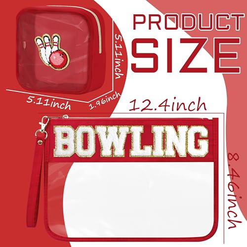 BuyCard 2 Pack Bowling Makeup Bags with Chenille Letter Patch - Red, Waterproof PVC Cosmetic Organizer for Travel & Gifts