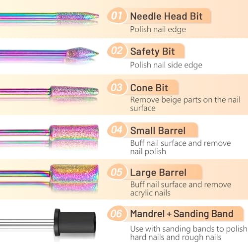 306Pcs Colored Nail Drill Bits Set for Efile, Manicure & Pedicure, 6 Pcs 3/32" Bits & Sanding Bands