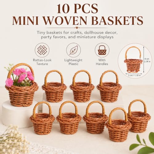 VOSAREA Mini Wicker Baskets Set - 10 Small Craft Baskets with Handles for Dollhouse Decor & Party Favors