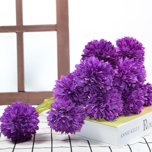 12 Pcs Purple Artificial Ball Chrysanthemum Bouquet for Decor
