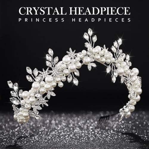 Fashey Silver Star Bridal Tiara with Pearls and Rhinestones