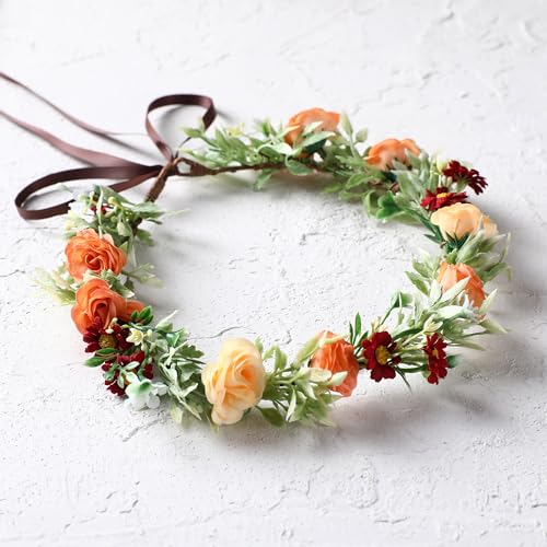 Orange Rose Flower Crown - Boho Floral Headband for Women
