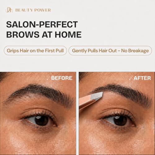 Rose Gold Precision Slant Tip Tweezers - Stainless Steel for Brow Shaping