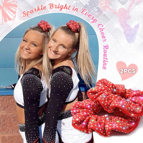 CEELGON Red Glitter Rhinestone Scrunchies 2-Pack for Cheerleading & Dance