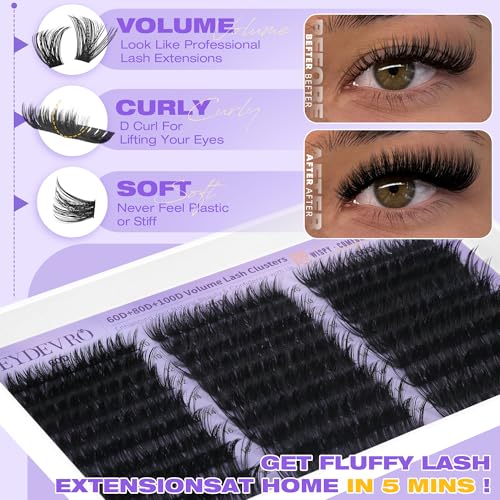 EYDEVRO Lash Clusters Kit 60D80D100D Volume Wispy Eyelash Extension Set with Bond & Tweezers