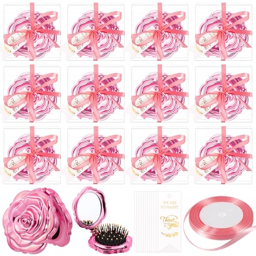 12-Set Rose Compact Mirror and Brush Party Favors for Weddings