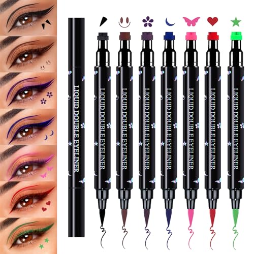 7 Colors Double-Headed Liquid Winged Eyeliner Stamp Pen Set - Waterproof & Smudgeproof, Creative Eye Makeup Tool, Includes 7 Color Variants