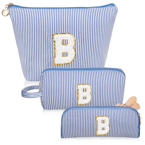 Personalized Initial Makeup Bag Set - Striped Travel Pouches in BlueB