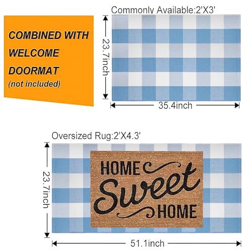 BUAGETUP 24x51 Light Blue Buffalo Plaid Outdoor Rug - Washable Doormat for Entryway