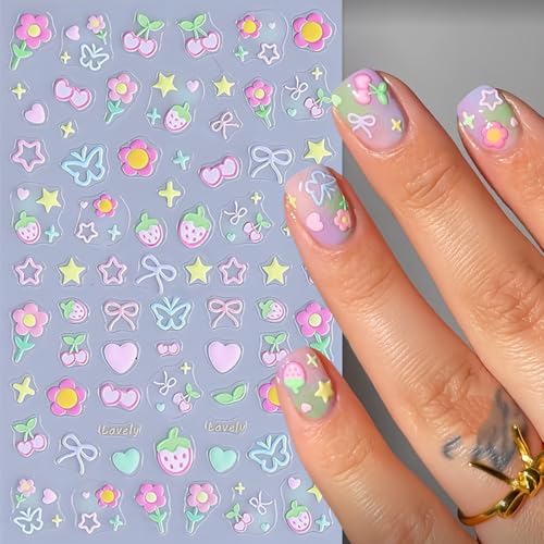 4Pcs 3D Flower Nail Art Stickers - Cherry & Strawberry Design