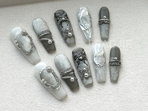 JIEADJIE Handmade Press On Nails - Mid-Length Black Butterfly Art