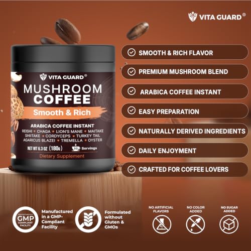 Vita Guard Mushroom Coffee - Instant Blend with Lion's Mane, Cordyceps & Reishi - 30 Servings