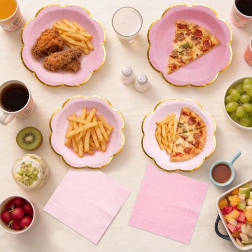Pink Paper Plates and Napkins Set for 20 Guests - Scalloped Gold Rim