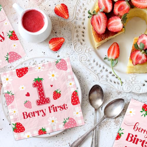Strawberry 1st Birthday Napkins - 50 Pack Disposable Party Decor