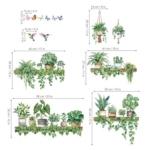 Decalmile Green Pot Plants Wall Decals - Tropical Leaf Stickers