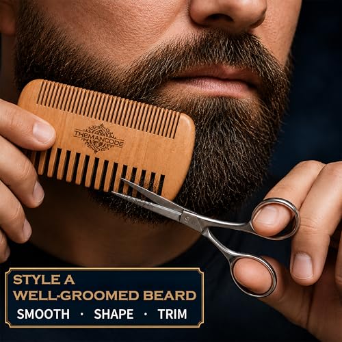THEMANCODE Beard Grooming Kit for Men, Fathers Day Gift for Dad and Husband, Sandalwood Beard Care Kit with Oil, Balm, Wash Bar, Brush, Comb and Scissors