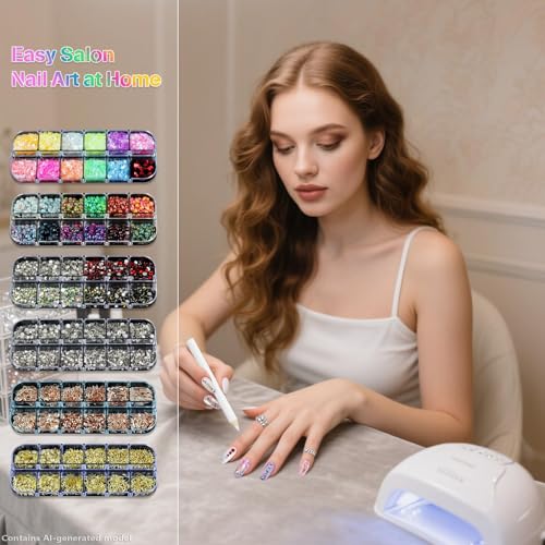Nail Art Glitter Studs Kit with 15 Gold Stickers & 3D Charms