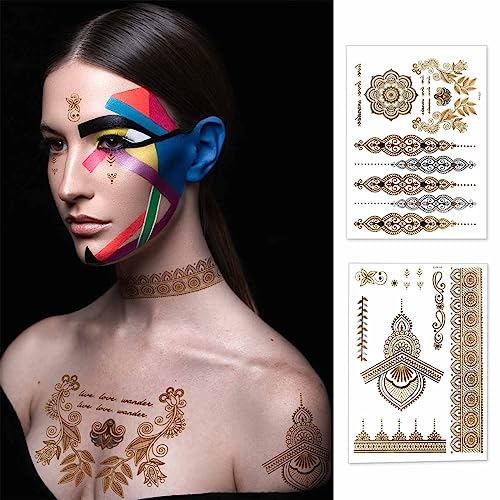 12 Sheets Gold & Silver Metallic Temporary Tattoos - Waterproof & Long Lasting