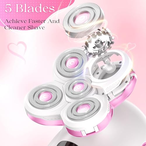 Electric Razors for Women Legs, Rechargeable Rotary Painless Shaver for Legs Bikini Facial Hair Removal, Body Wet/Dry Razor Water Resistant Grooming Kit, Cordless Womens Trimmer for Grooming,LightPink