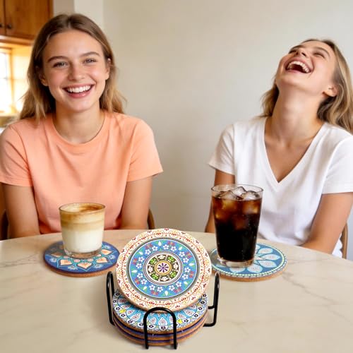 Set of 8 Colorful Boho Cork Coasters with Metal Holder - 4 Inch